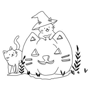 Halloween kat met pompoen raamtekening sjabloon